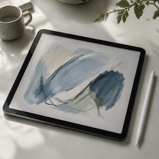 Generated illustrative placeholder: Drawing tablet with an illustrative abstract sketch