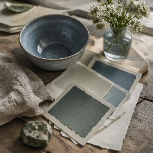 Generated illustrative placeholder: Ceramics, linen and muted artist colour swatches
