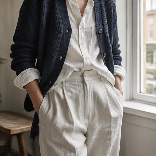 Generated illustrative placeholder: Anonymous outfit detail with navy cardigan and light trousers
