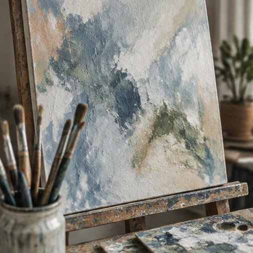 Generated illustrative placeholder: Illustrative abstract painting, brushes and palette