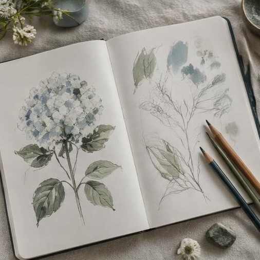 Generated illustrative placeholder: Open botanical sketchbook and pencils