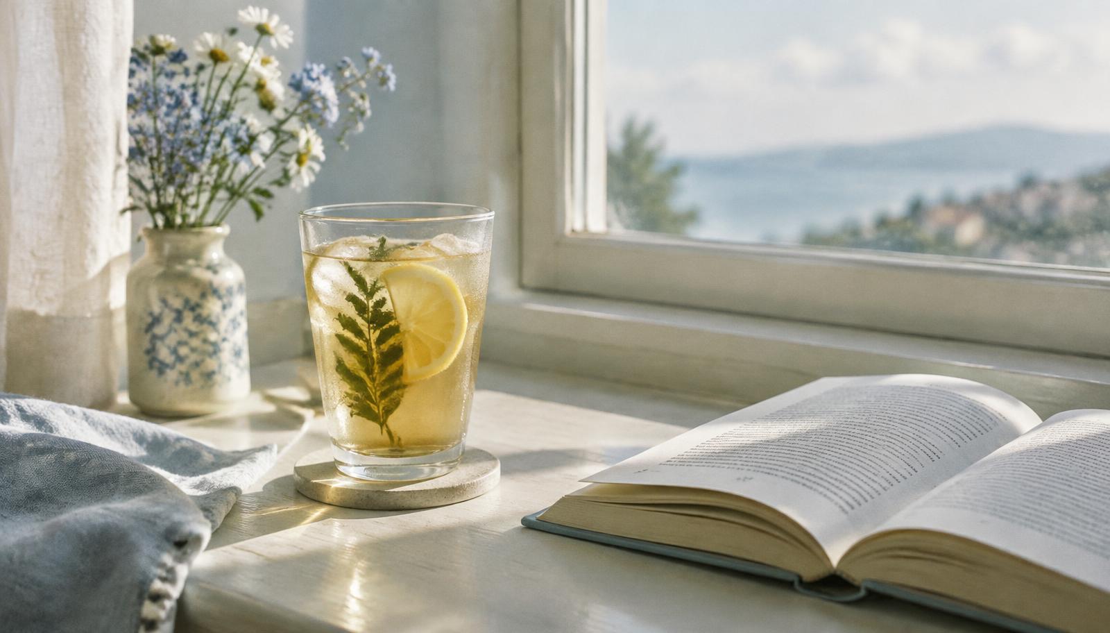 A glass of iced herbal tea with lemon beside an open book on a sunlit windowsill