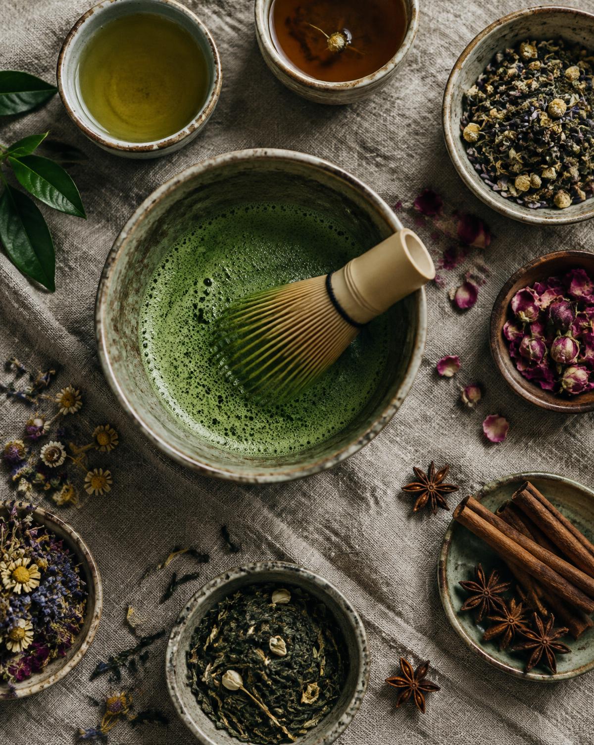 Whisked matcha with a bamboo whisk surrounded by speciality teas, dried flowers and spices