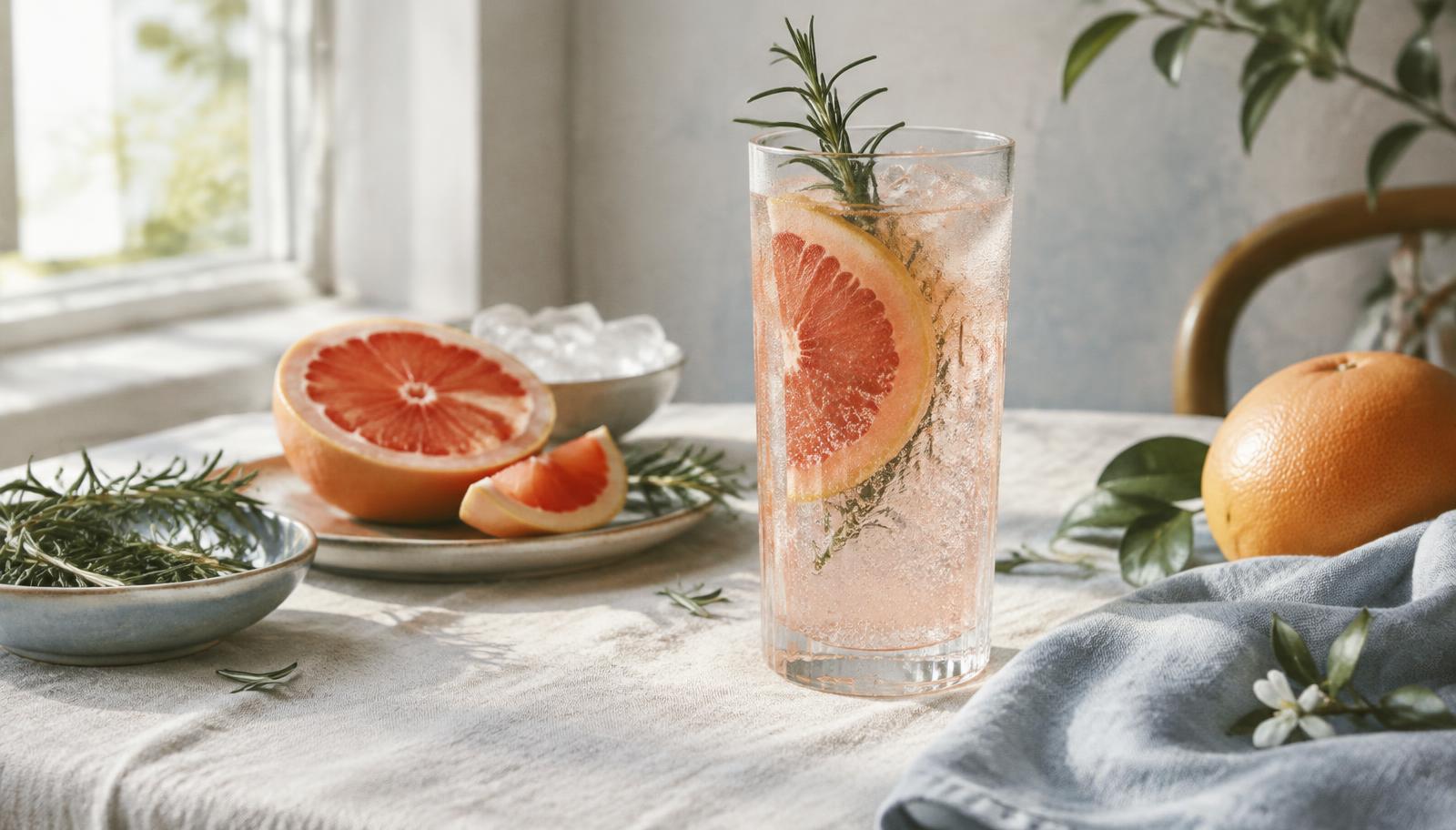 A sparkling alcohol-free drink with grapefruit and rosemary on a linen-covered table in window light