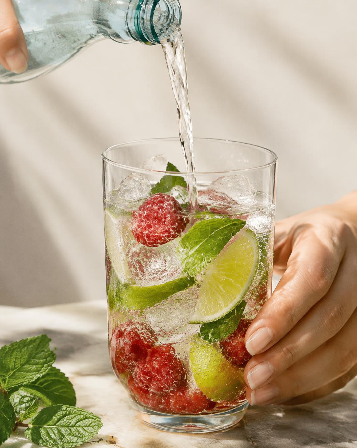 Sparkling water poured over raspberries, lime and fresh mint in a glass