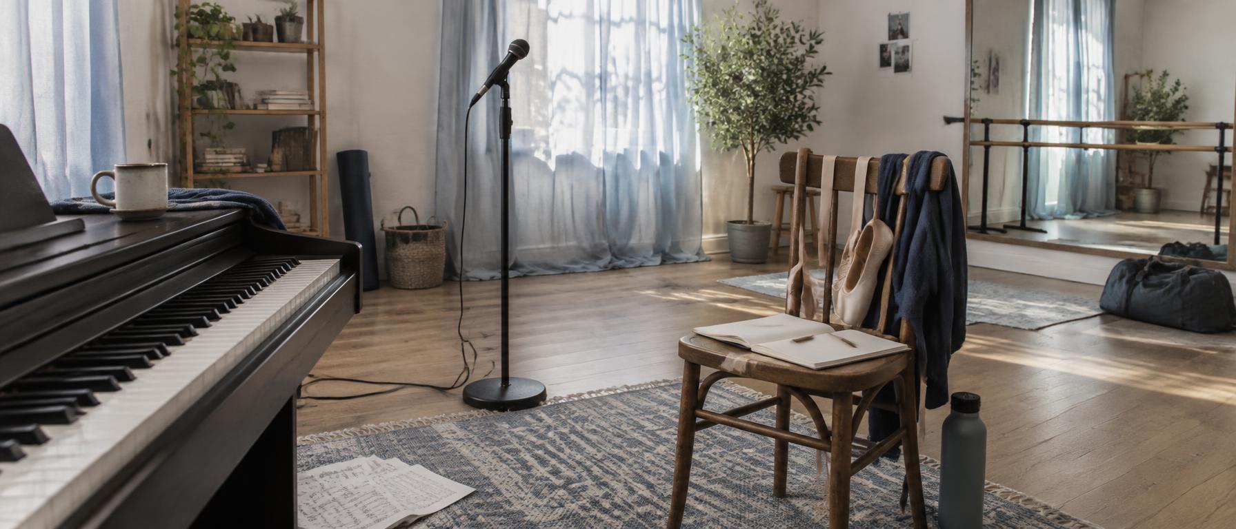 Generated illustrative placeholder: piano, microphone, dance shoes and notebook in a sunlit rehearsal room