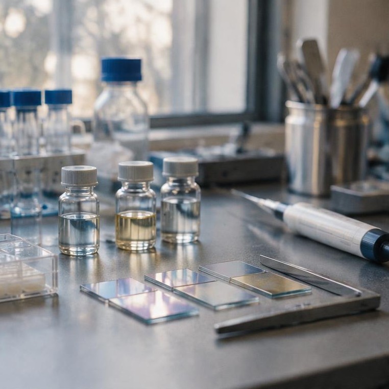 Generated illustrative placeholder: Illustrative materials laboratory with glass substrates and sample vials
