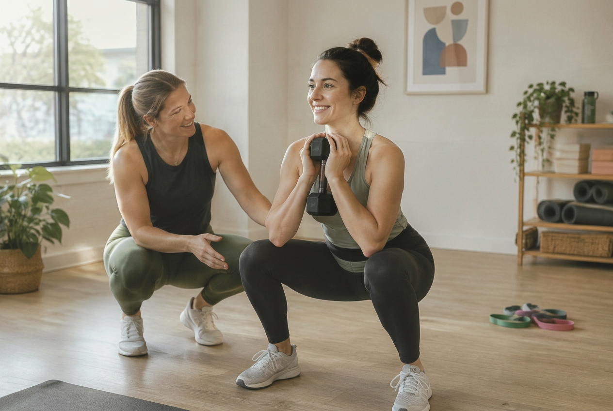 An instructor guiding a woman through a goblet squat with a light dumbbell
