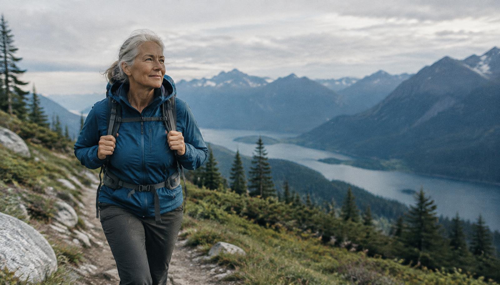 An older woman hiking a mountain trail above a lake