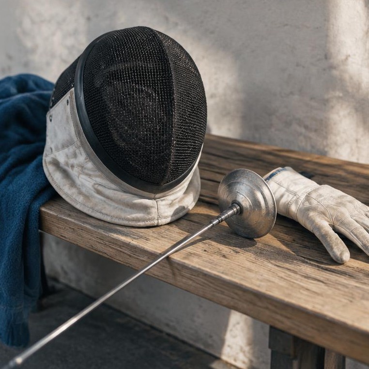 Generated illustrative placeholder: Fencing mask, glove and weapon on a wooden bench
