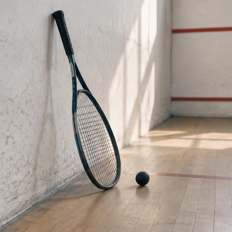 Generated illustrative placeholder: Squash racket and ball beside a court wall