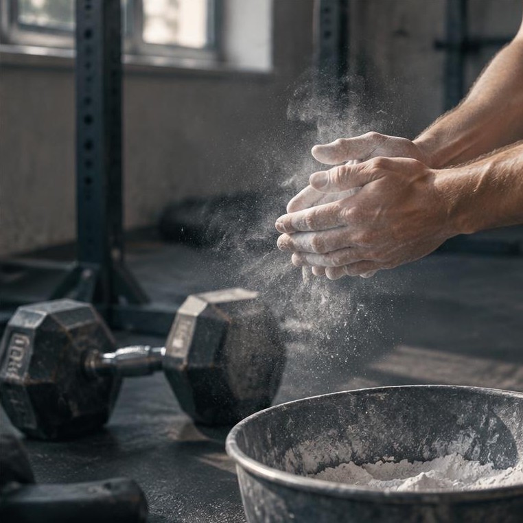 Generated illustrative placeholder: Anonymous hands preparing with chalk beside dumbbells