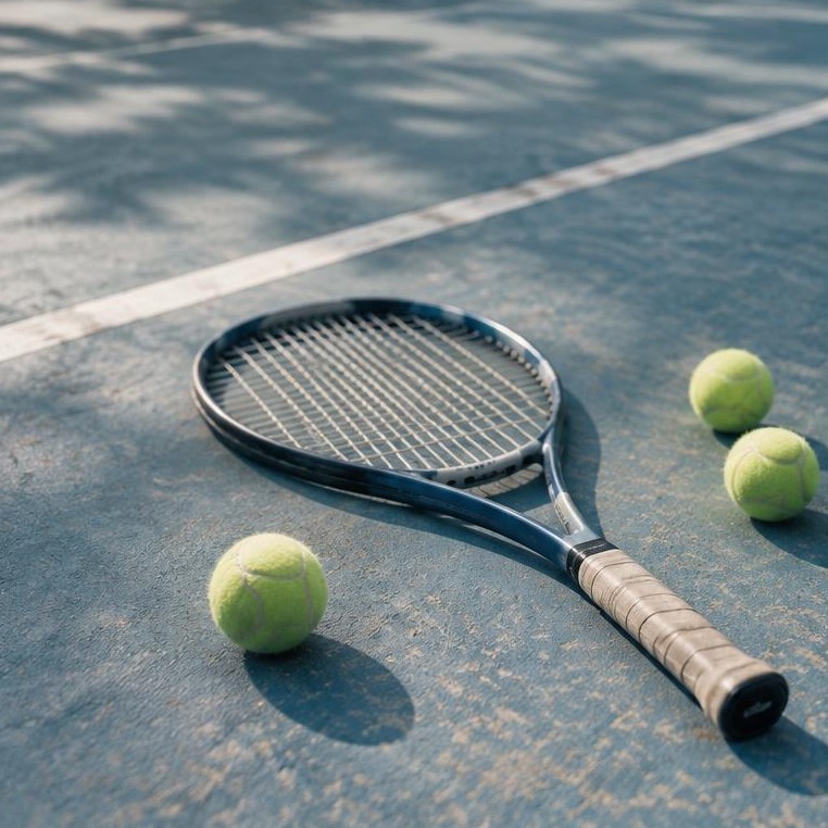 Generated illustrative placeholder: Racket and tennis balls on a sunlit blue court
