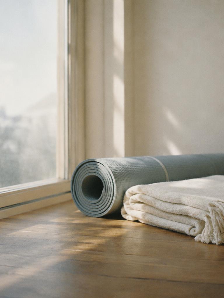 Generated illustrative placeholder: Rolled yoga mat and blanket by a sunlit window