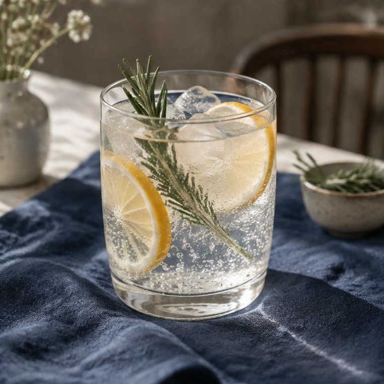 Generated illustrative placeholder: Sparkling alcohol-free citrus and rosemary drink